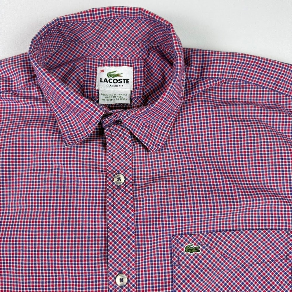 Lacoste Mens Classic Fit Gingham Button Down Shirt Red Blue Size 38 Devanlay